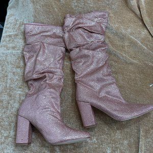 Dusty Pink Pointy Close Toe Slouchy Chunky Heel Knee High Boots